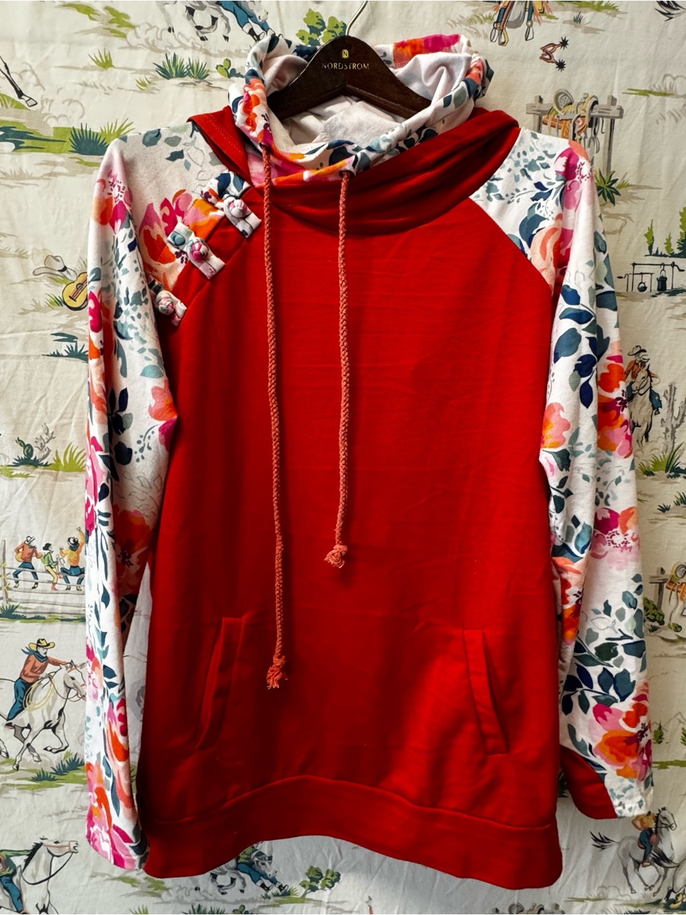 Rogue Red/Orange Cowl Pullover Hoodie with Floral Print Sleeves - size medium